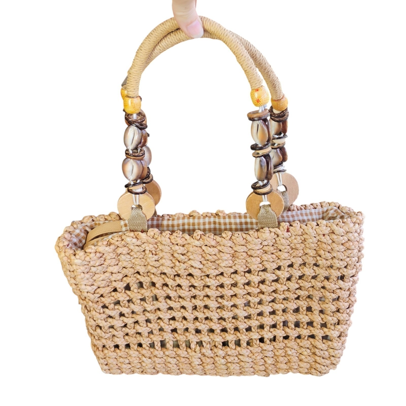 Sun N Sand Woven Straw Tote Bag Beige Raffia Puka Shells Beach Coastal Vacay